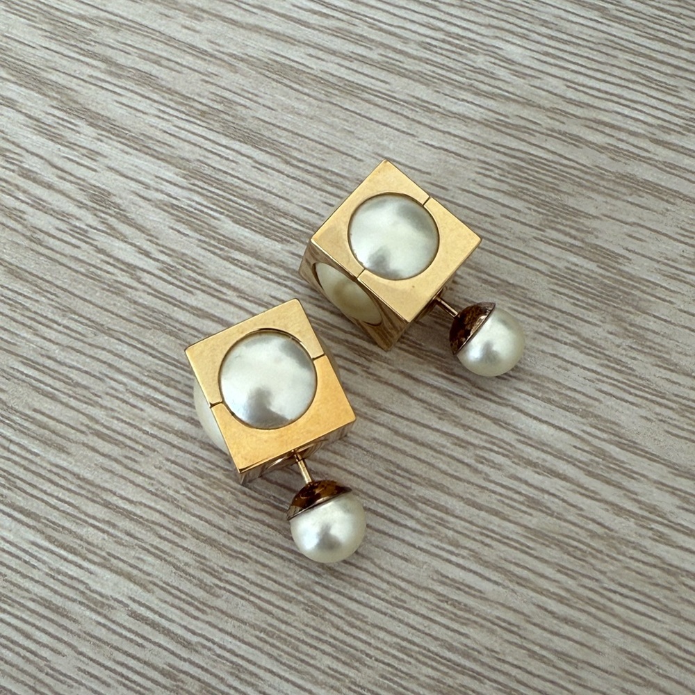 Dior Gold and Faux Pearl Cube Earrings
